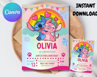 Stitch and Angel Birthday Invitation, Editable Party Invite (Digital)