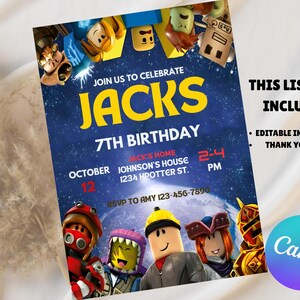 May include: A digital birthday invitation with a space theme, featuring the name "Jacks" in large yellow letters. The invitation includes the text "7th Birthday", date, time, and RSVP information. The design includes cartoon characters.