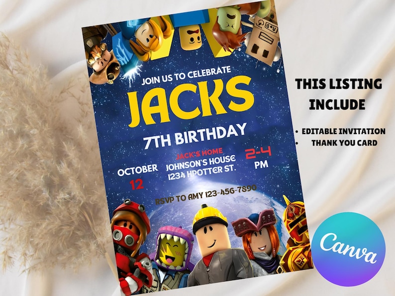 May include: A digital birthday invitation with a space theme, featuring the name "Jacks" in large yellow letters. The invitation includes the text "7th Birthday", date, time, and RSVP information. The design includes cartoon characters.