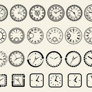 May include: A set of 28 black and white clock illustrations. The clocks are in various styles, including round, square, and rectangular. Some clocks have Roman numerals, while others have Arabic numerals. Some clocks have hands, while others have arrows.