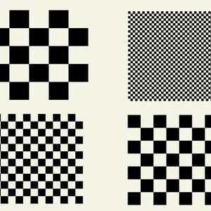 May include: Four black and white checkerboard patterns on a cream background. The patterns vary in size and density, from a large 3x3 grid to a fine, pixelated checkerboard. The image is a graphic design element.