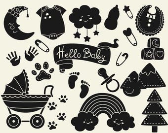 May include: Black and white baby-themed illustrations, including a crescent moon, onesie, cloud with stars, baby bottle, bib, safety pins, handprints, paw prints, footprints, a stroller, blocks, a pacifier, mountains, a rainbow, and a banner with the text "Hello Baby."