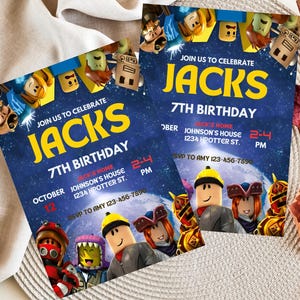 May include: Two birthday party invitations with a blue space-themed background. The invitations read "Join us to celebrate Jacks 7th Birthday" in yellow text. The date is October 12th, with the time 2:4 PM.