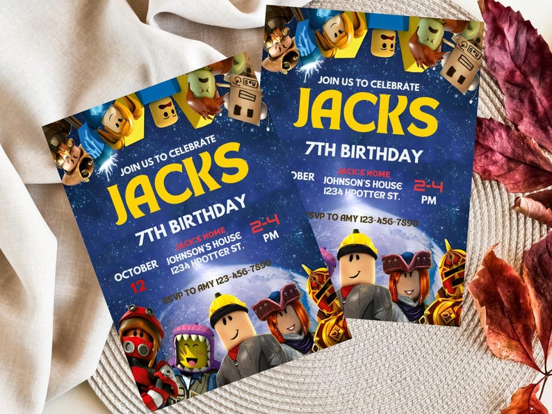 May include: Two birthday party invitations with a blue space-themed background. The invitations read "Join us to celebrate Jacks 7th Birthday" in yellow text. The date is October 12th, with the time 2:4 PM.