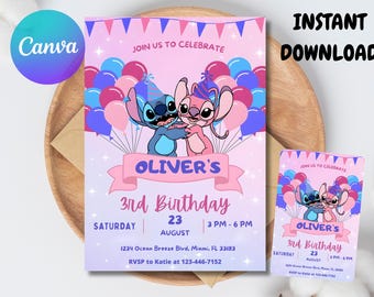 Invitación de cumpleaños de Stitch y Ángel, invitación de cumpleaños de Stitch editable, invitación digital para fiesta, invitación imprimible para fiesta de cumpleaños de Stitch