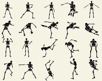 Puede incluir: Una colección de ilustraciones de esqueletos negros en varias poses, sobre un fondo crema. Los esqueletos se representan en posiciones dinámicas, incluyendo de pie, pateando y bailando. La imagen es adecuada para temas de Halloween o anatómicos.