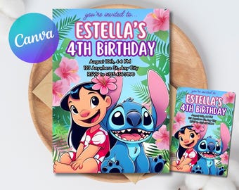 Stitch and Angel Birthday Invitation Card, Lilo and Stitch Birthday Invite, Birthday Girl Stitch Hawaiian Invitation, Kids Birthday Invite