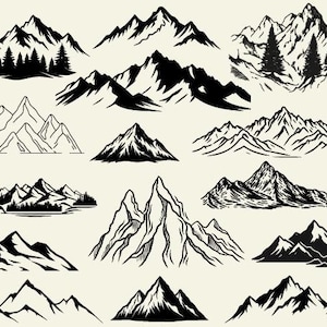 May include: A selection of black and white mountain illustrations. The designs range from simple outlines to detailed depictions with trees and textured shading. The images are set against a cream background, displaying a variety of mountain silhouettes.