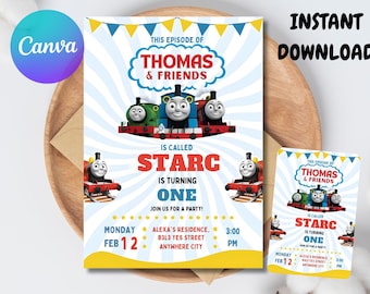 Editable Thomas The Tank Engine Birthday Invitation | Canva Digital Template Printable Party Invite | Children’s Birthday Train Theme