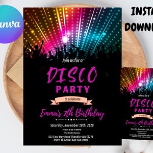 Editable Disco Party Birthday Invitation, Silver Black and Sparkles Invite, Disco Ball Birthday Party, Dance Party Template, Let&#39;s Disco