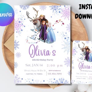 Op de afbeelding: Een verjaardagsuitnodiging met een Frozen-thema, met personages uit de film. De uitnodiging bevat de naam "Olivia's" in paarse letters, datum, tijd en locatie, met sneeuwvlokken en sterren. De tekst "INSTANT DOWNLOAD" staat bovenaan.