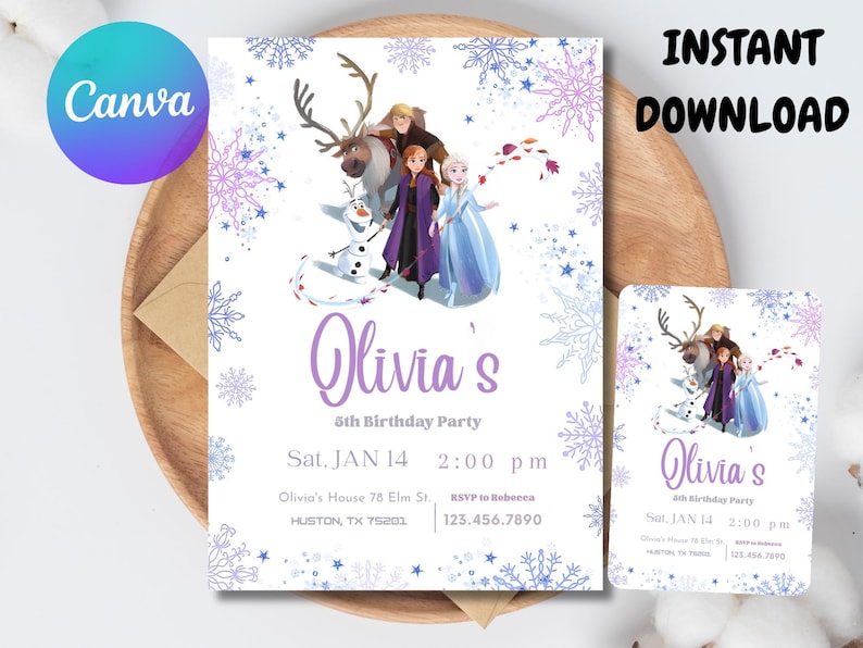 May include: A birthday party invitation featuring characters from the movie Frozen, with the name "Olivia's" in a purple script. The invitation includes the date, time, and location details, with snowflake and star accents. The words "INSTANT DOWNLOAD" are at the top.