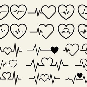 May include: A selection of black heart and heartbeat line art designs. The designs feature heart outlines with and without heartbeat lines, and heartbeat lines with heart shapes. The background is a light beige colour.
