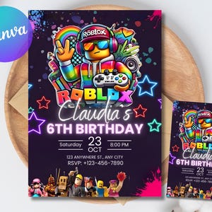 May include: A birthday invitation featuring a Roblox character with a controller, rainbow accents, and the text "Claudia's 6th Birthday." The design includes neon stars and the date, October 23rd.