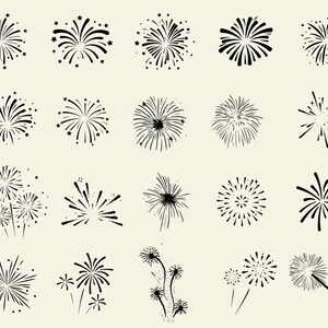 Può includere: Una collezione di illustrazioni di fuochi d'artificio in bianco e nero in vari design. I fuochi d'artificio variano da semplici scoppi a modelli a stella più complessi, il tutto su uno sfondo color crema. Adatto a temi celebrativi.