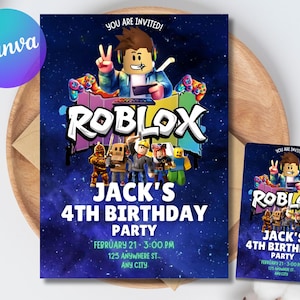 May include: A birthday party invitation featuring the Roblox logo and characters. The invitation is dark blue with white text that reads "Jack's 4th Birthday Party". The date and time are also included.