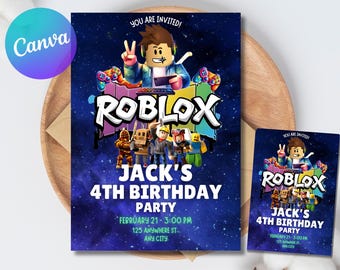 May include: A birthday party invitation featuring the Roblox logo and characters. The invitation is dark blue with white text that reads "Jack's 4th Birthday Party". The date and time are also included.