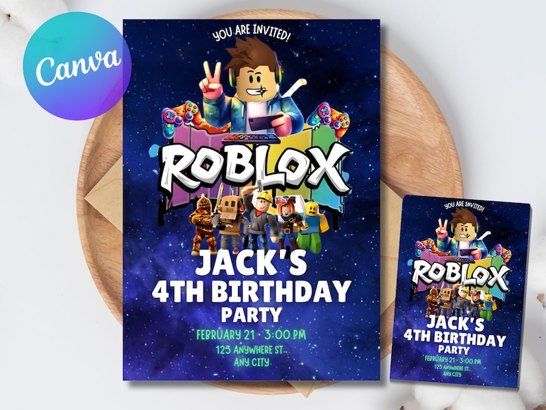 May include: A birthday party invitation featuring the Roblox logo and characters. The invitation is dark blue with white text that reads "Jack's 4th Birthday Party". The date and time are also included.