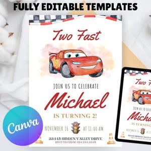 K&ouml;nnte beinhalten: Eine Geburtstagseinladung mit einer Illustration eines roten Rennwagens. Der Text lautet "Two Fast" und "Feiern Sie mit uns Michaels 2. Geburtstag!" Das Canva-Logo ist ebenfalls zu sehen.