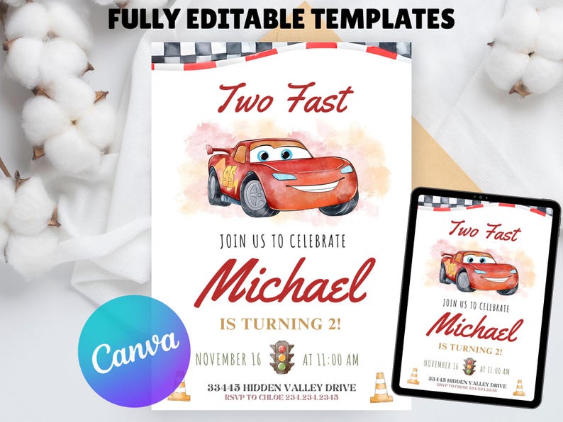 K&ouml;nnte beinhalten: Eine Geburtstagseinladung mit einer Illustration eines roten Rennwagens. Der Text lautet "Two Fast" und "Feiern Sie mit uns Michaels 2. Geburtstag!" Das Canva-Logo ist ebenfalls zu sehen.