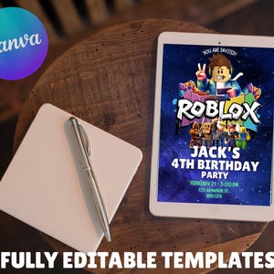 May include: A digital tablet displays a Roblox-themed birthday party invitation. The invitation features a cartoon character and the text "Jack's 4th Birthday Party." A pen and notepad are next to the tablet. The Canva logo is in the upper left corner.
