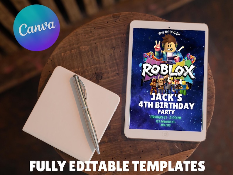 May include: A digital tablet displays a Roblox-themed birthday party invitation. The invitation features a cartoon character and the text "Jack's 4th Birthday Party." A pen and notepad are next to the tablet. The Canva logo is in the upper left corner.