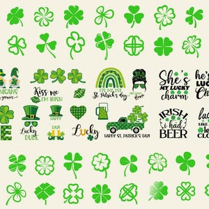 Può includere: Una collezione di trifogli verdi e grafiche a tema San Patrizio. Include trifogli, testo come "Kiss me I'm Irish", grafiche di folletti e un camion che trasporta trifogli. Perfetto per l'artigianato o i design digitali.