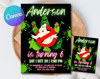 May include: A black birthday invitation with a Ghostbusters theme. The design features green slime, cartoon ghosts, and the Ghostbusters logo. The text reads "Anderson is turning 6" with the date and time of the party also included.