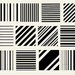 May include: A collection of twelve black and white geometric patterns. The patterns include vertical stripes, horizontal stripes, and diagonal stripes, arranged in square and rectangular shapes on a cream background.