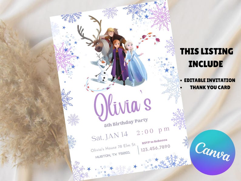May include: A birthday party invitation featuring characters from the movie Frozen, including Elsa, Anna, Kristoff, Sven, and Olaf. The invitation is decorated with snowflakes and includes the text "Olivia's 5th Birthday Party". The listing includes an editable invitation and thank you card.