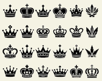 Puede incluir: Una colección de ilustraciones de coronas negras en varios diseños, incluyendo coronas con cruces, joyas y detalles ornamentados. Las coronas están sobre un fondo crema, creando una estética regia y elegante.