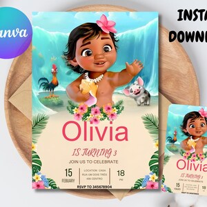 May include: A digital invitation featuring a cartoon illustration of a young girl with a flower in her hair, surrounded by tropical elements. The invitation includes the name "Olivia" and the text "IS TURNING 3".