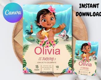 Invito di compleanno per Baby Moana, invito di compleanno digitale modificabile per Baby Moana, invito per festa a tema per bambini, modello digitale per Baby Moana