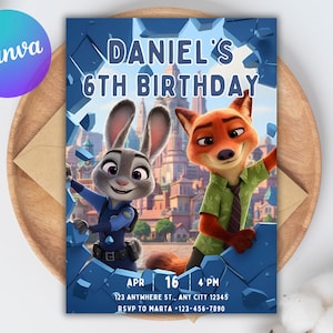 May include: A birthday invitation featuring the characters Judy Hopps and Nick Wilde from Zootopia. The invitation has a blue background with the text "DANIEL'S 6TH BIRTHDAY". The date is April 16th at 4 PM. The invitation also includes an address and RSVP information.