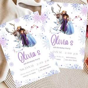 May include: Two invitations for Olivia's 5th birthday party. The invitations feature characters from the movie Frozen, including Elsa, Anna, Kristoff, and Olaf. The design includes snowflakes and the text "Olivia's 5th Birthday Party" with the date, time, and location.