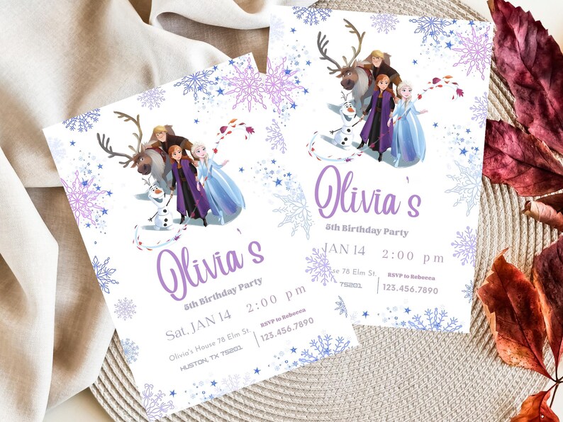 May include: Two invitations for Olivia's 5th birthday party. The invitations feature characters from the movie Frozen, including Elsa, Anna, Kristoff, and Olaf. The design includes snowflakes and the text "Olivia's 5th Birthday Party" with the date, time, and location.