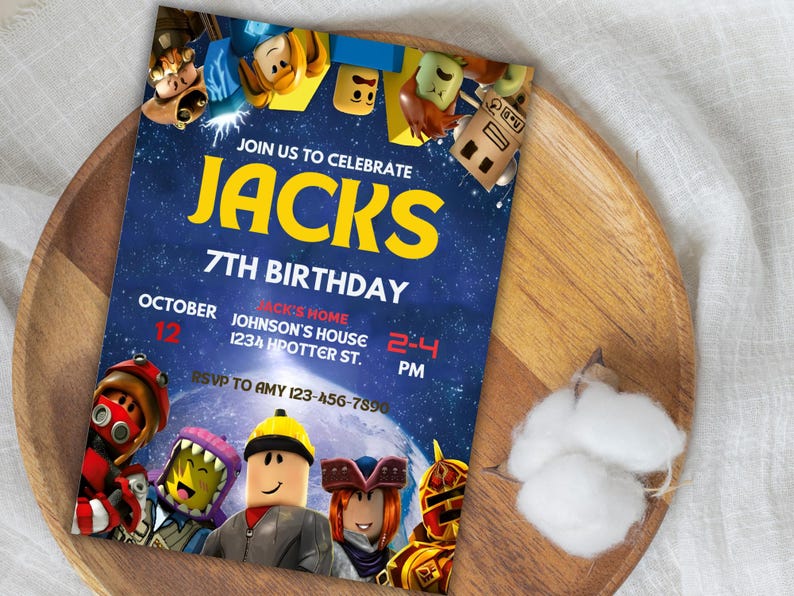 May include: A birthday party invitation with a blue background and yellow text that reads "JACKS 7TH BIRTHDAY." The invitation features cartoon characters and event details, including the date, time, and location.