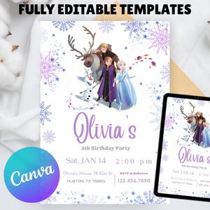 May include: A party invitation template featuring characters from a popular animated film. The design includes snowflakes, the text "Olivia's 5th Birthday Party," and the Canva logo. The invitation is displayed on a tablet.