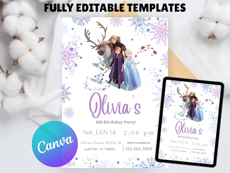 May include: A party invitation template featuring characters from a popular animated film. The design includes snowflakes, the text "Olivia's 5th Birthday Party," and the Canva logo. The invitation is displayed on a tablet.