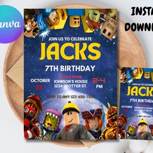 Puede incluir: Una invitación de cumpleaños con el texto "JOIN US TO CELEBRATE JACKS 7TH BIRTHDAY" sobre un fondo azul estrellado. La invitación incluye la fecha, la hora y el lugar. También hay una versión más pequeña de la invitación. El logotipo de Canva es visible.