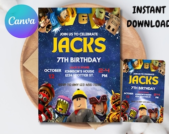Roblox Invitation, Roblox Invite, Game Party, Roblox Boys Birthday Invitation Template, Game Birthday, Kids Roblox, Editable Template, Canva