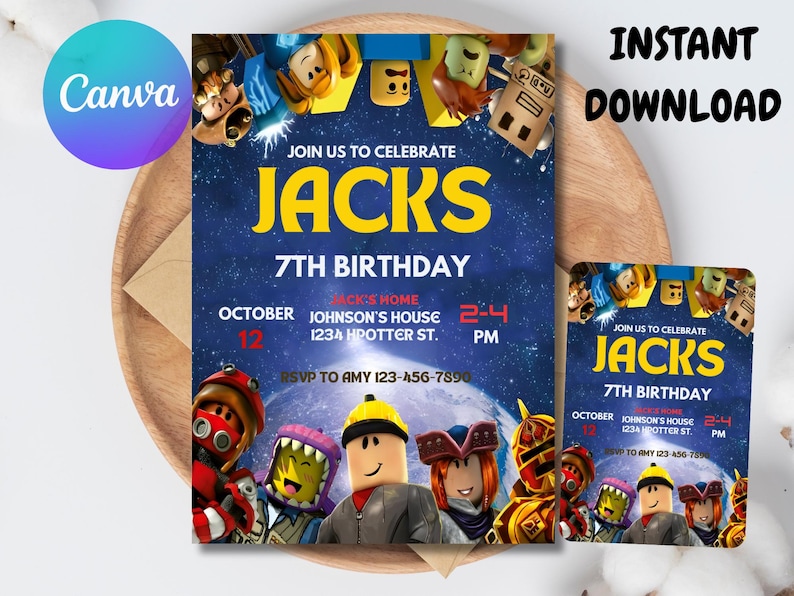 May include: A birthday party invitation with the text "JOIN US TO CELEBRATE JACKS 7TH BIRTHDAY" against a starry blue background. The invitation includes the date, time, and location. A smaller version of the invitation is also present. The Canva logo is visible.
