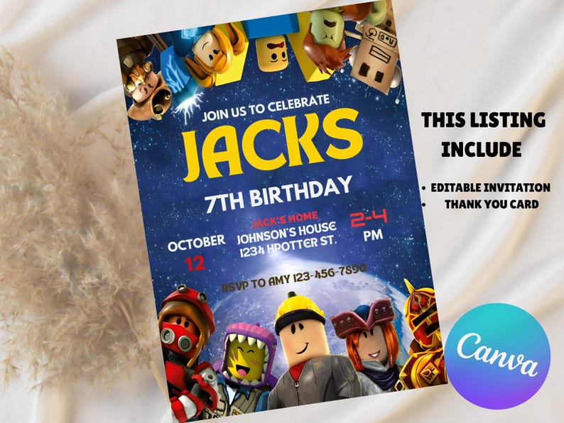 May include: A birthday invitation with a space theme, featuring the text "JACKS 7TH BIRTHDAY" in yellow. The invitation includes the date, time, and location, along with a "RSVP" contact. The design includes cartoon characters and the Canva logo.