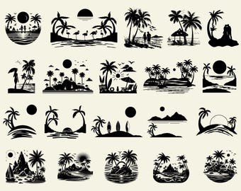 May include: A collection of 20 black and white silhouette illustrations of tropical islands with palm trees, beaches, and sunsets. The illustrations are perfect for use in digital or printed designs.