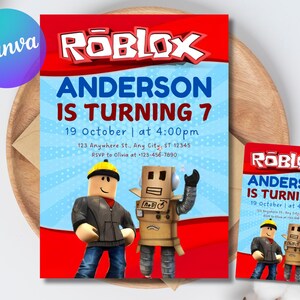 May include: A birthday invitation featuring the Roblox logo and the text "ANDERSON IS TURNING 7". The invitation includes the date, time, and RSVP information. A smaller matching card is also present.