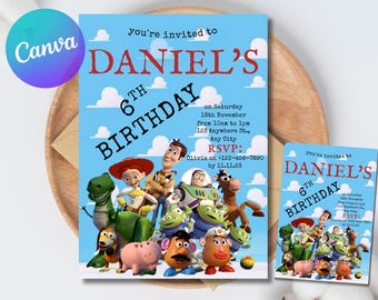 Bewerkbare sjabloon Toy Story-verjaardagsuitnodiging Toy Story-verjaardagsfeestje 3D digitale uitnodiging Verjaardagsfeestje kinderen Woody Buzz Verjaardagskaart