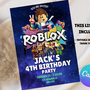 May include: A blue invitation for Jack's 4th birthday party, featuring Roblox characters and the text "YOU ARE INVITED!". The invitation includes the date, time, and location. The listing includes an editable invitation and a thank you card.