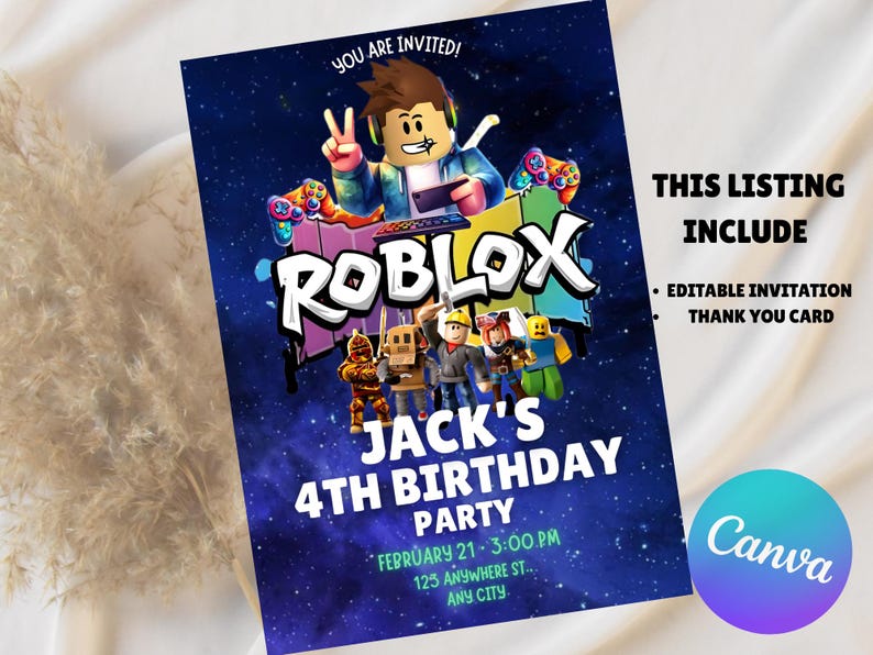 May include: A blue invitation for Jack's 4th birthday party, featuring Roblox characters and the text "YOU ARE INVITED!". The invitation includes the date, time, and location. The listing includes an editable invitation and a thank you card.