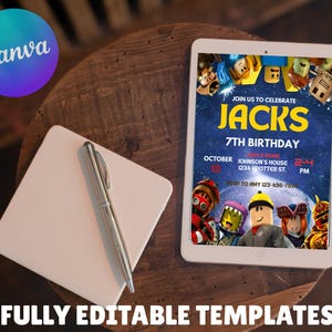 May include: A digital tablet displays a birthday invitation with the text "JACKS 7TH BIRTHDAY". The invitation features cartoon characters and event details. A notepad, pen, and Canva logo are also visible.