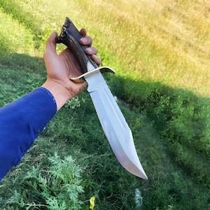 Hand Forged D2 Steel Bowie Knife with Crown Stag Antler Handle, Brass Guard & Leather Sheath – Hunting, Outdoor, Collectible Knife